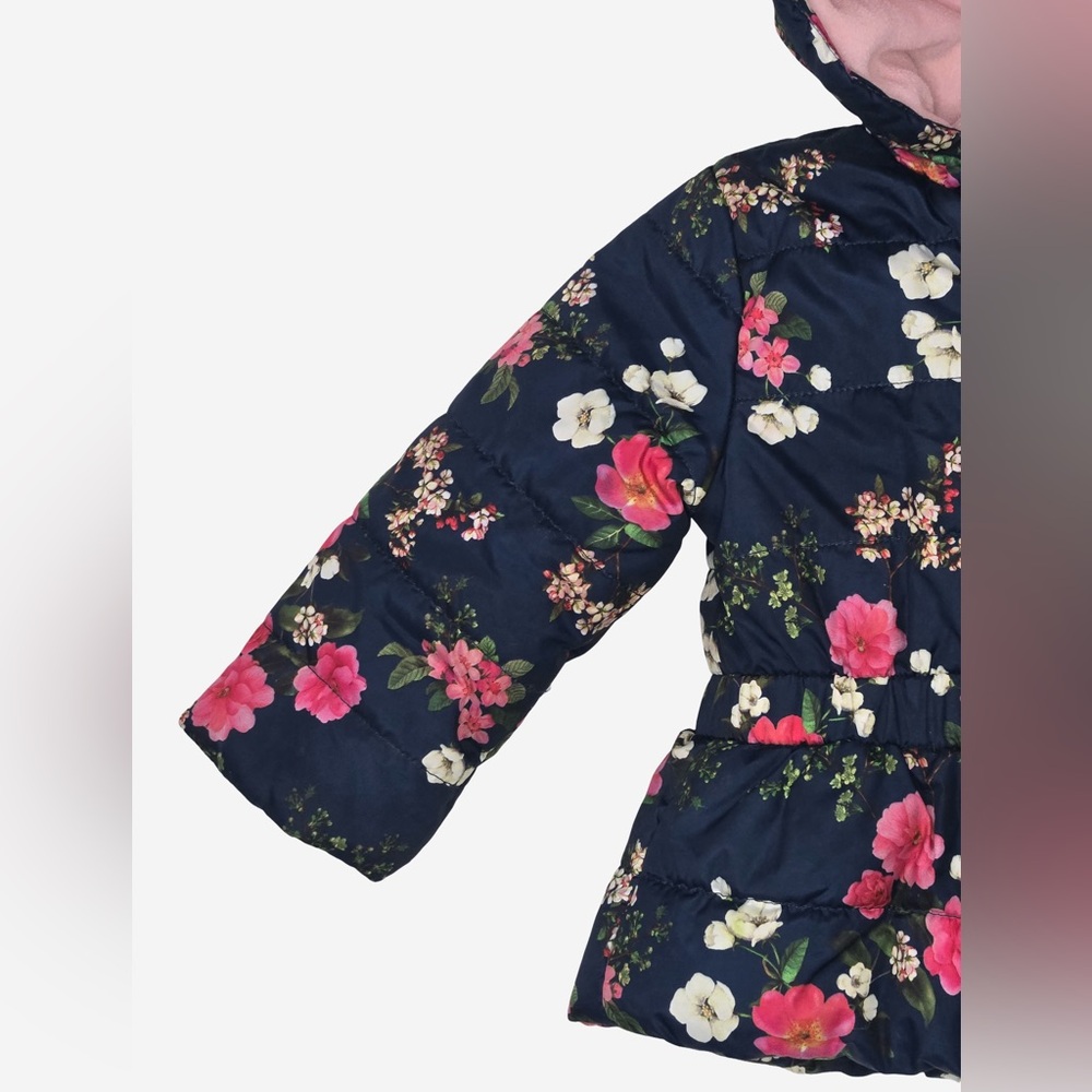Little Me 2T Navy Floral Puffer Coat Pink Fleece Lined Hooded Jacket 2T Girl - Picture 10 of 10